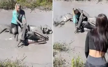 Jovem aparenta estar em apuros no meio da lama, mas acaba por surpreender