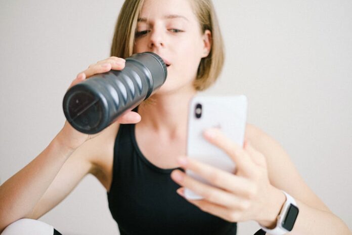 A Importância da Hidratação no Treino: Você Está Pronto? Woman drinking water while using a smartphone in a home fitness setting, highlighting modern technology and hydration.