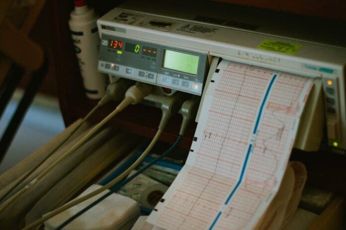 Como medir a frequência cardíaca durante o treino de forma eficaz? Close-up of an ECG machine displaying heart rate results in a hospital setting.