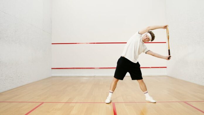 Young man stretching with a racket on an indoor squash court, preparing for a workout.