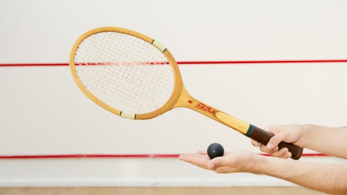 Detailed view of a squash racket and ball in hand, indoor sports scene.