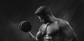 Treino de Crossfit para ganhar força: Descubra o segredo Powerful black and white portrait of a shirtless bodybuilder lifting dumbbells in the gym.