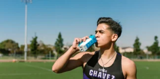 Desporto e qualidade de vida: O segredo para a longevidade Teen athlete hydrating with a sports drink during an outdoor workout.